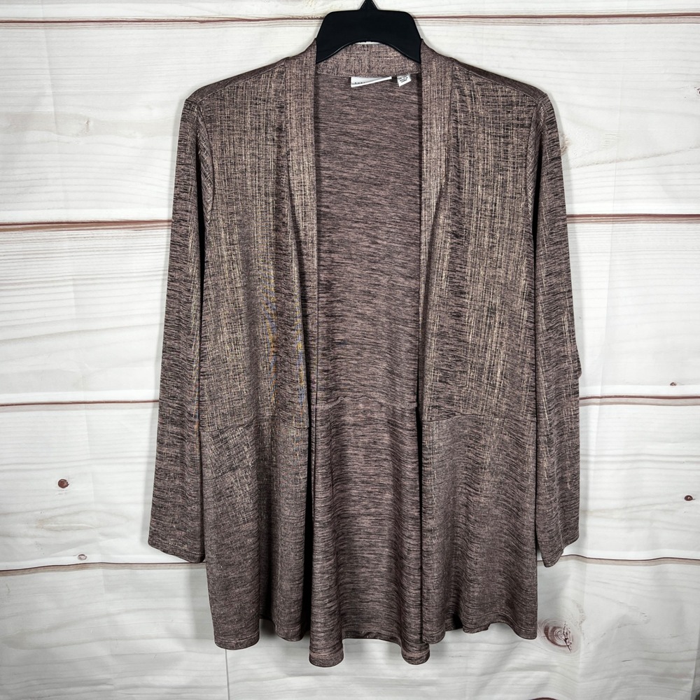 Susan Graver Cardigan Womens 1X Pink Foil Print‎ Open Front Sweater Long Sleeve